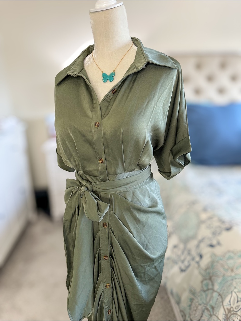 NEW Women Elegant Satin Button Down Short Sleeve Maxi Shirt Dress with Belt - Picture 4 of 11